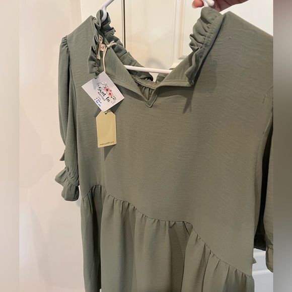 Sage green ruffle neck and sleeve blouse - Picture 2 of 3
